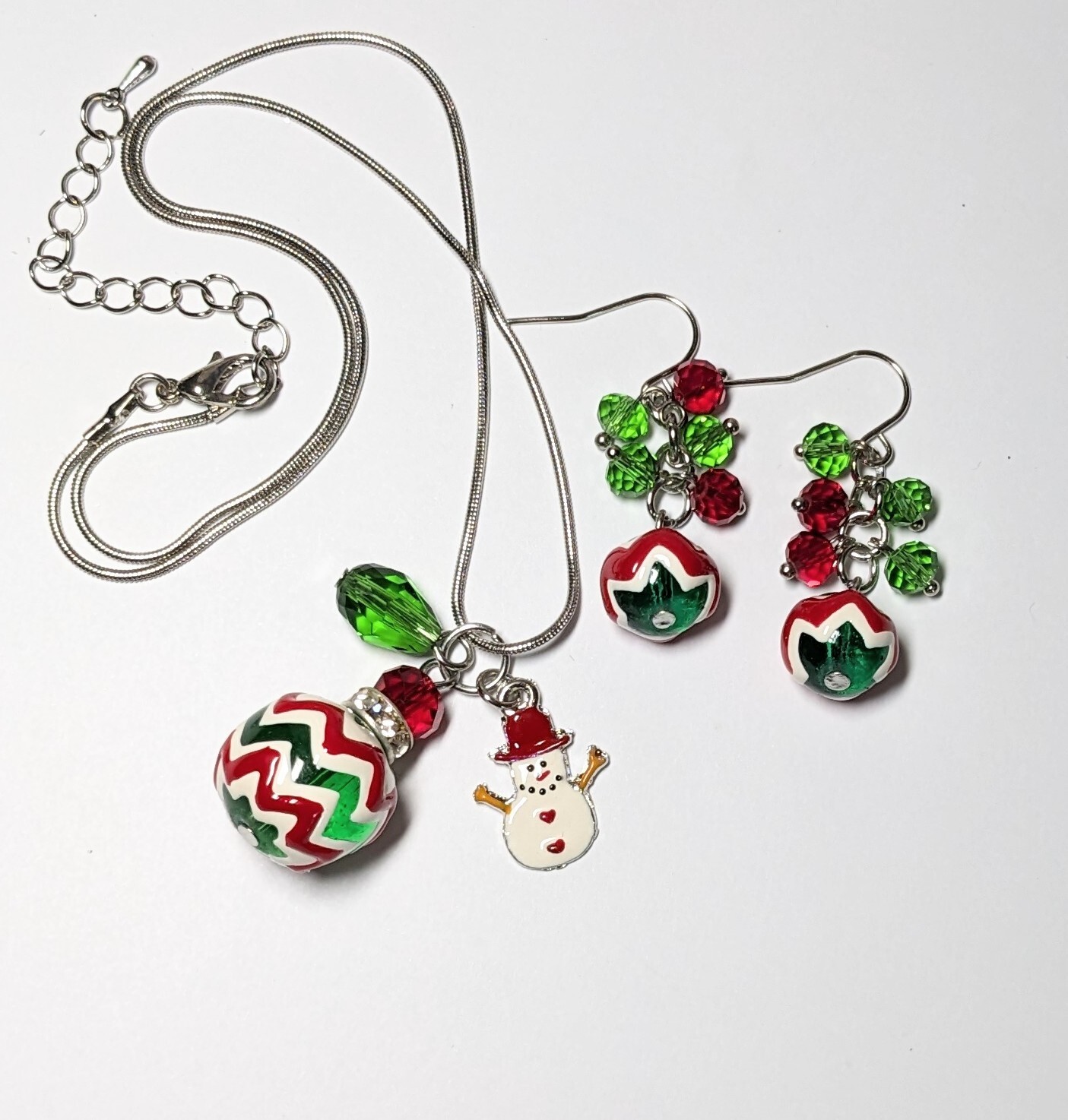 Christmas Necklace Earring set Snowman Chevron Handmade Jewelry Beaded Necklace