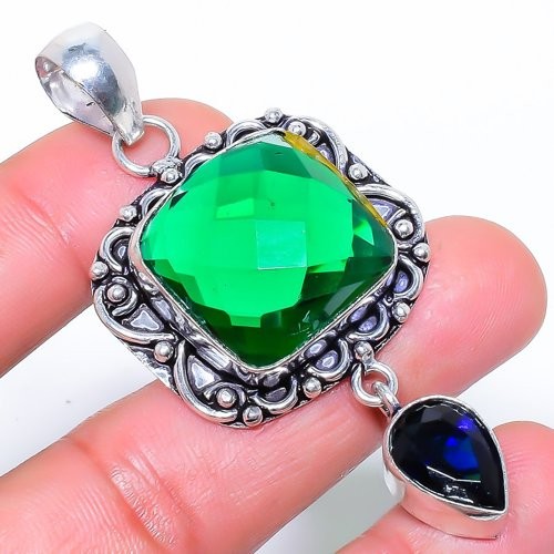 Tsavorite Quartz & Sapphire (Lab-Created) 925 Silver Plated Pendant 2.6″ T2574