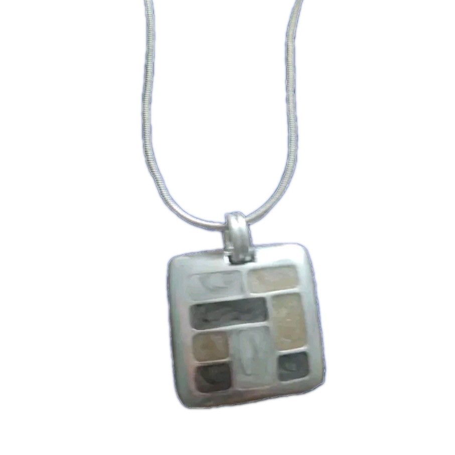 Vintage Signed KC Necklace Silver Tone Square Pendant 18 Inches N34