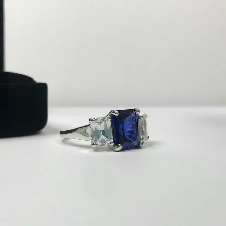 Emerald Simulated Sapphire Women’s Classic Engagement Ring 14K White Gold Plated