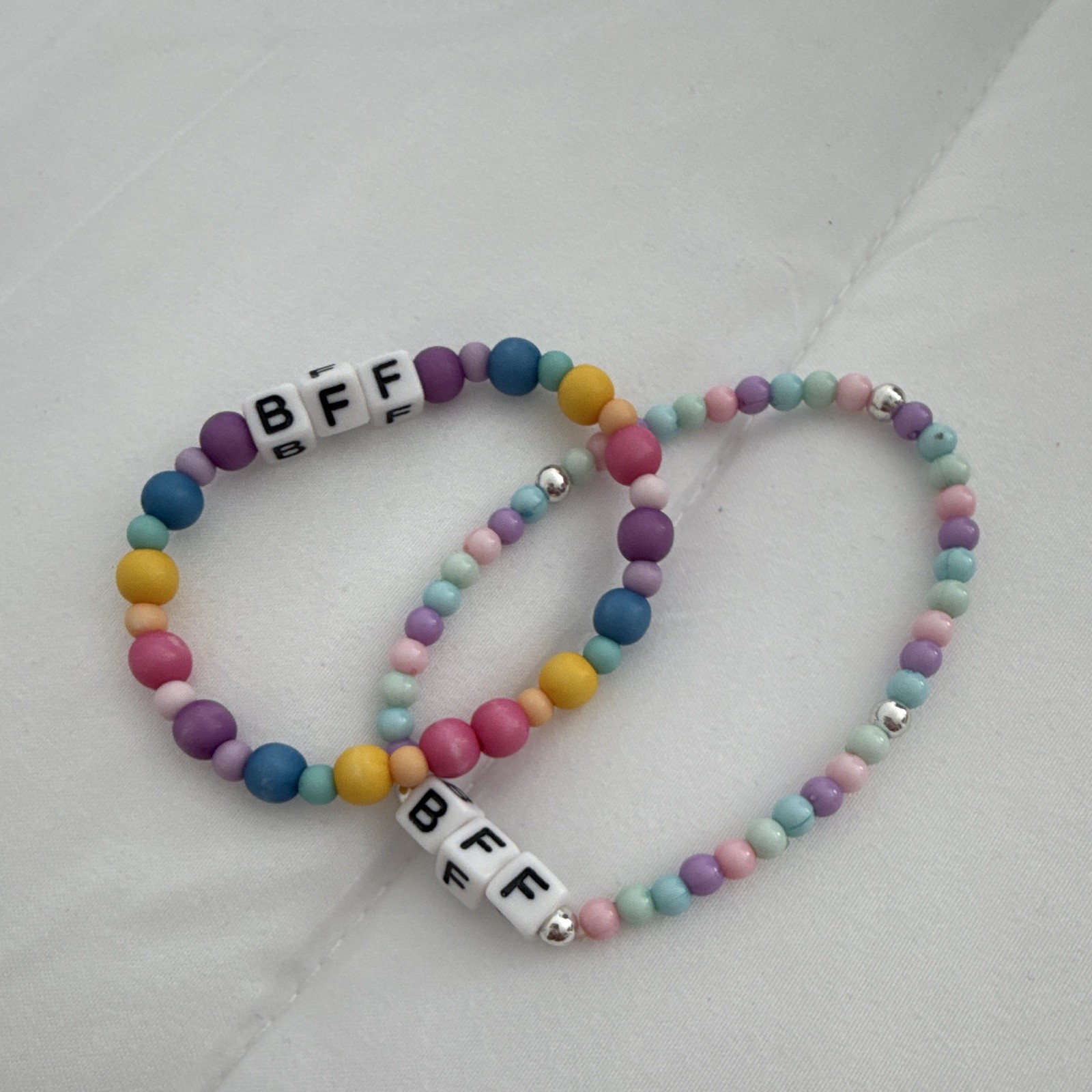 BFF Friendship Set of 2 Stretch Beaded Bracelets Multicolor Round Plastic