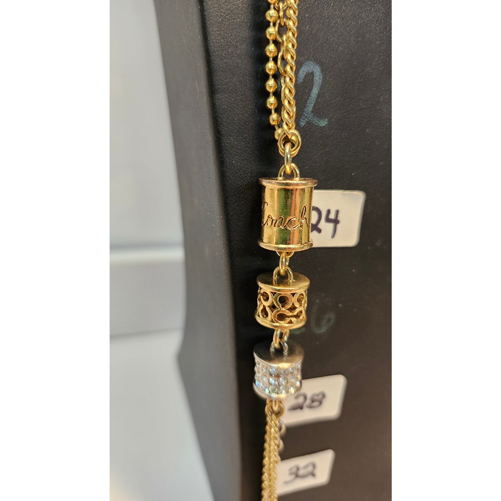 Coach Multi Strand Cylinder Long Station Statement Necklace Two Tone Pave Chain