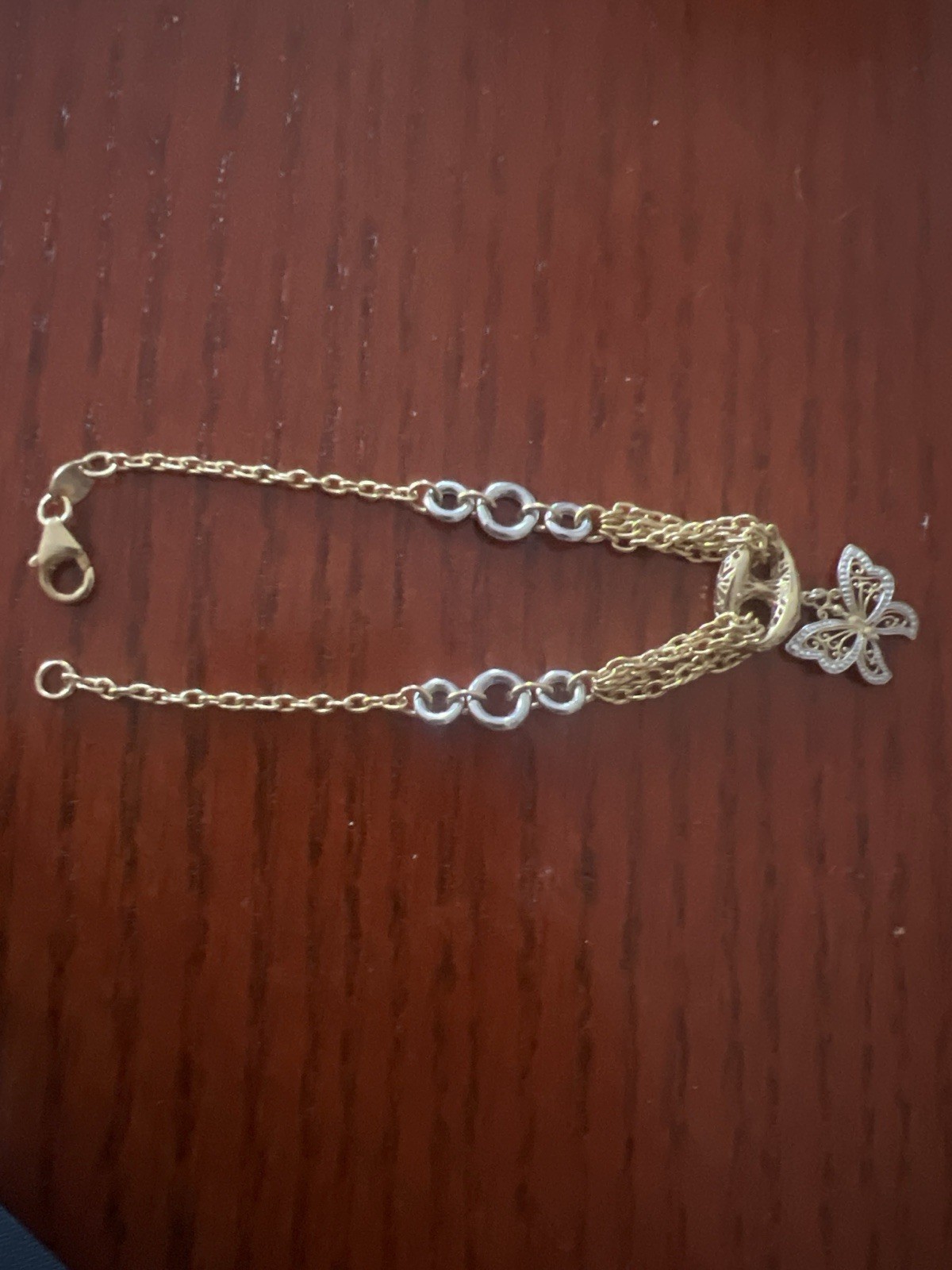 14K Real Gold Butterfly Bracelet 7.5” Two Tone 5 Grams Women’s Jewelry