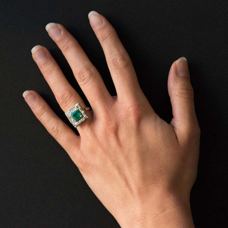 Claw Set Square 1.62CT Emerald Surrounded By Ten Baguette Cut 1.96CT CZ Ring