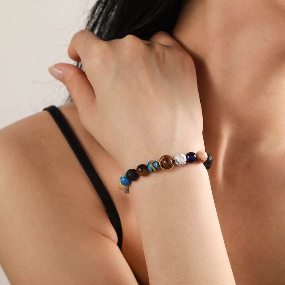 Universe Galaxy Planet Bracelet Blue Goldstone Stretch Bracelet Handmade Gift