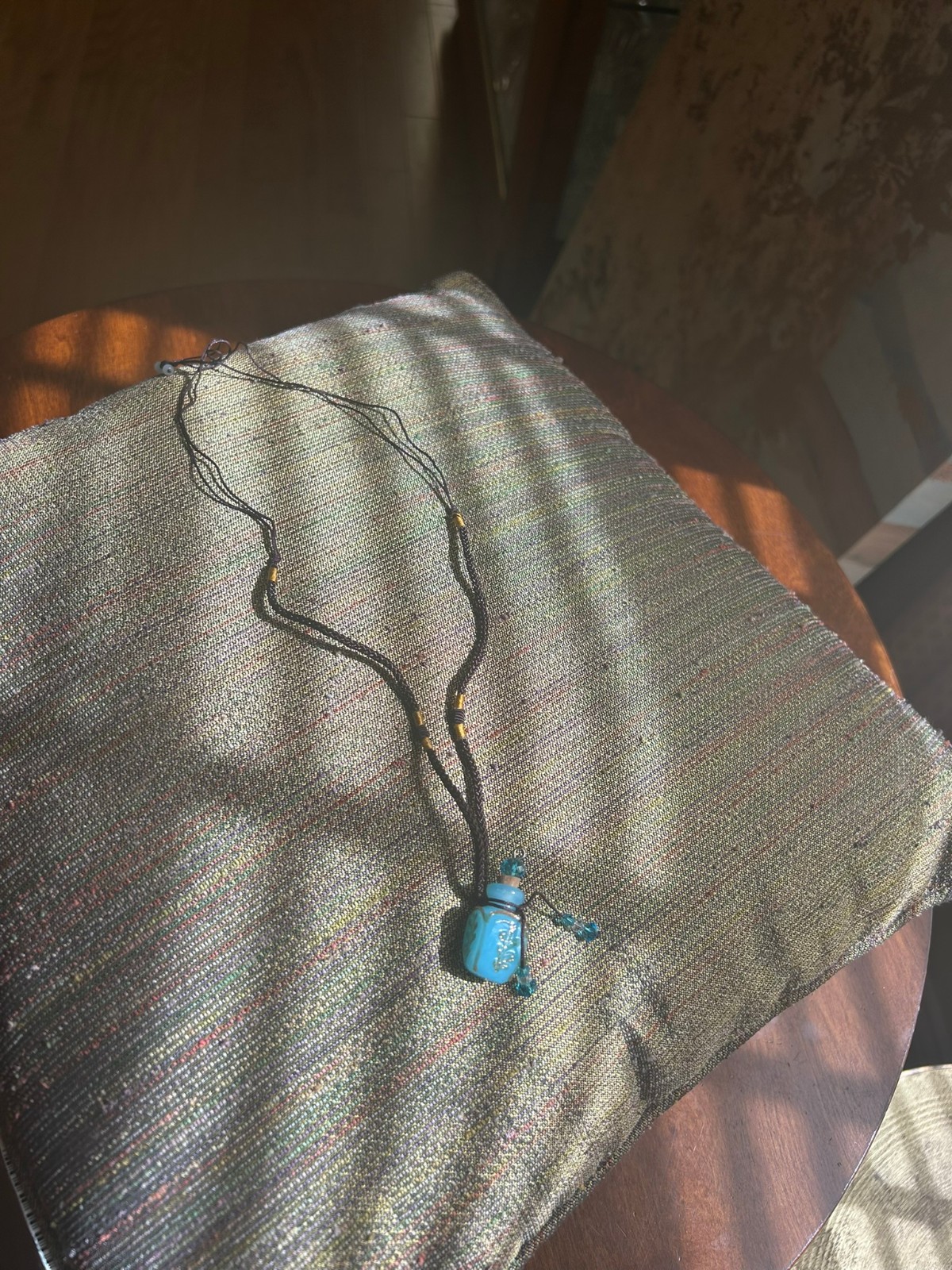 Handmade Perfume Bottle Necklace On a Cord 24 inch Blue