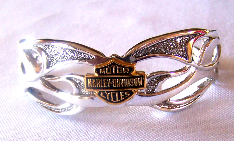 Harley Davidson Franklin Mint 925 Sterling Silver Flame Cut Logo Cuff Bracelet