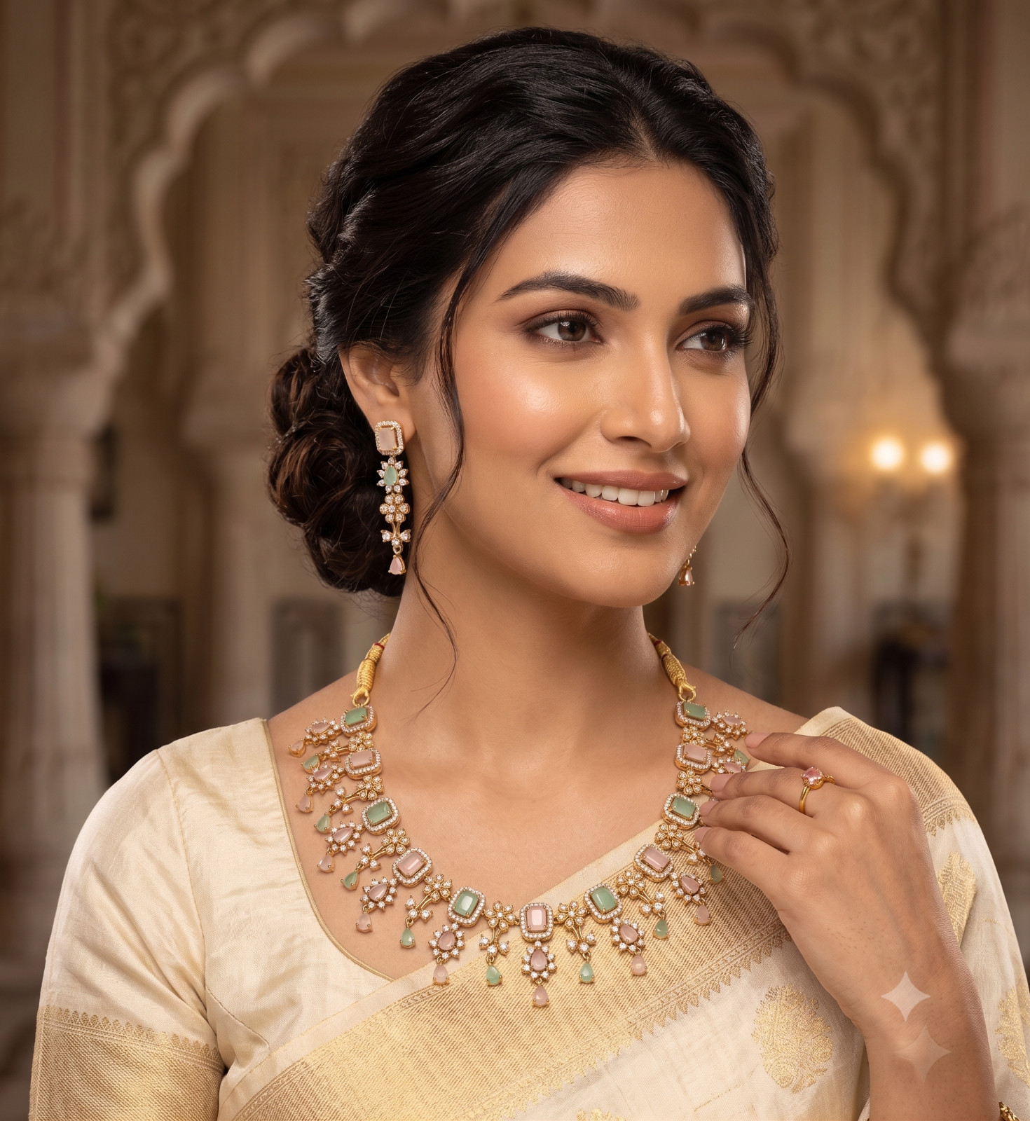 Indian CZ American Diamond Necklace Earrings Set Pastel Pink Green Gold Plated