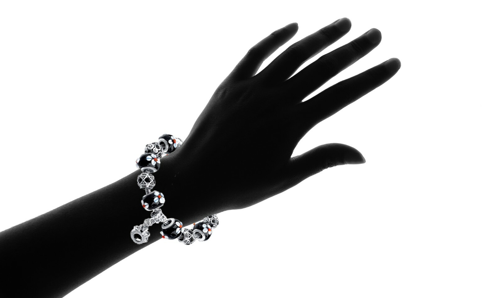18K White Gold Plated BLACK Flower Crystal CZ Charm Bracelet Made with Swarovski