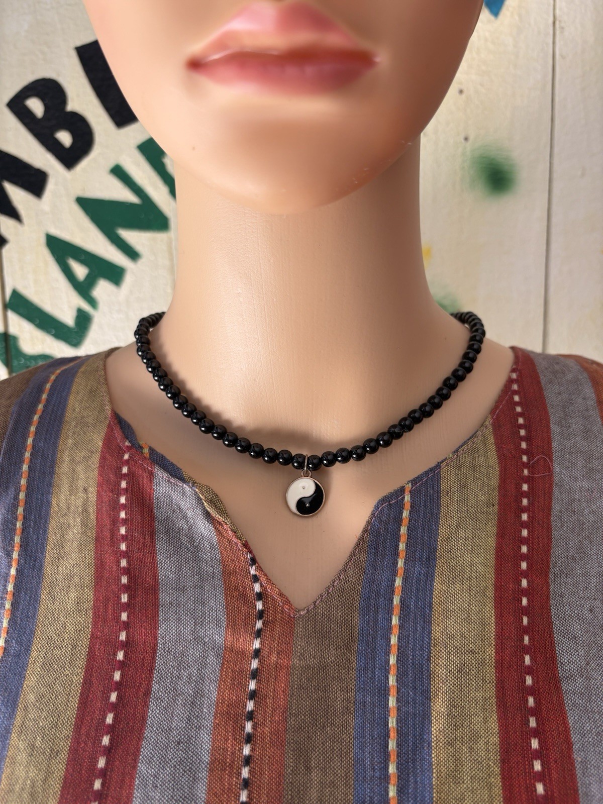 Black White Beaded Necklace Yin Yang Round Charm Pendant Adjustable Lobster