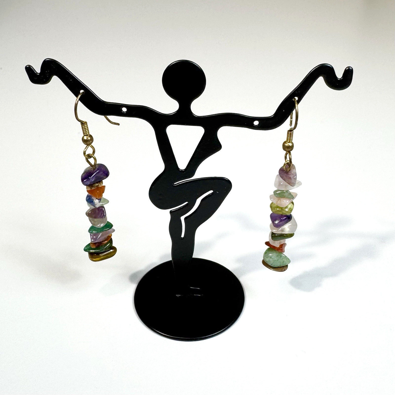 Chip Bead Necklace and Dangle Earrings Set Multi Color Glossy Boho Long Layering