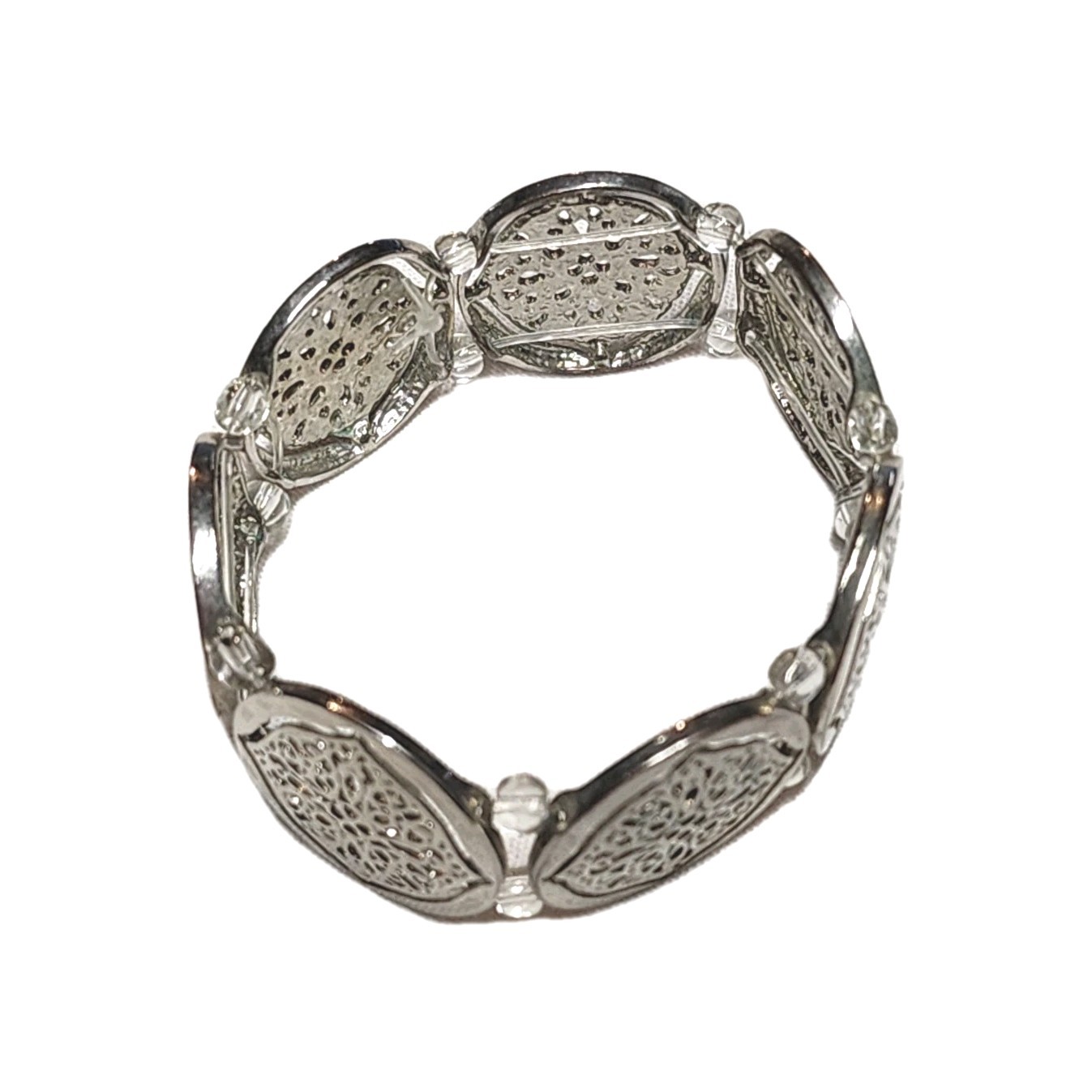 Silver Tone Filigree Round Coin Medallion Stretch Cuff Bangle Bracelet 7″ Boho