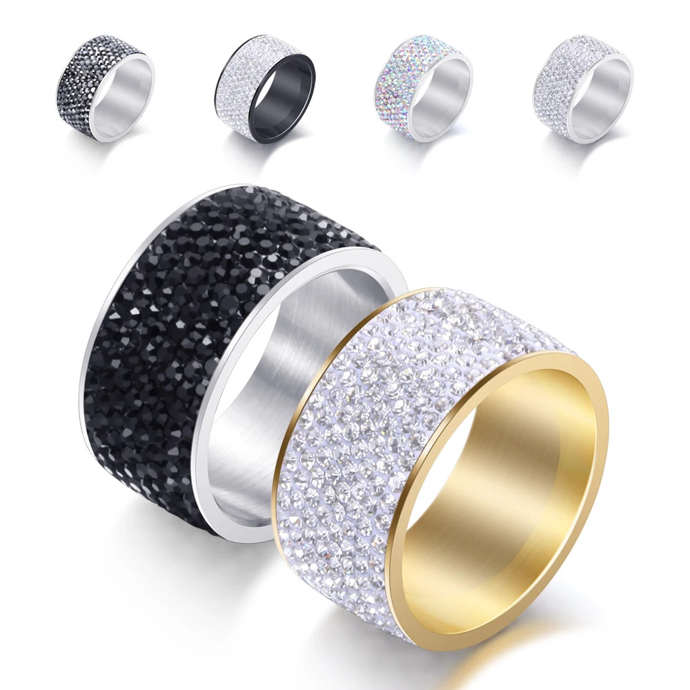 Crystal Pave Ring 8 Row Stainless Steel Gold Plated Wide Band Women Jewelry