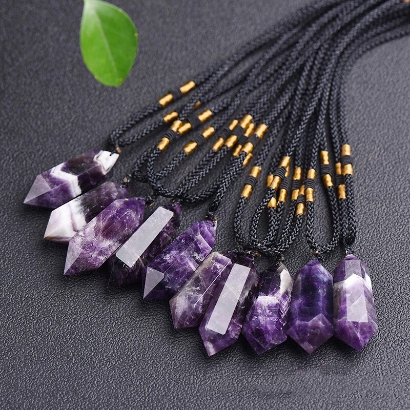 Chevron Amethyst Double Point Pendant Necklace Healing Protection Crystal Gifts