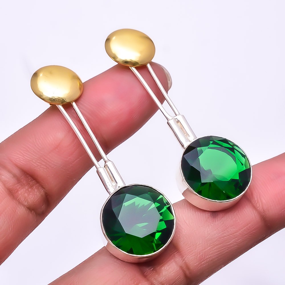 Tsavorite 925 Sterling Silver Two Tone Earring 2.15″ E78, Christmas Gift
