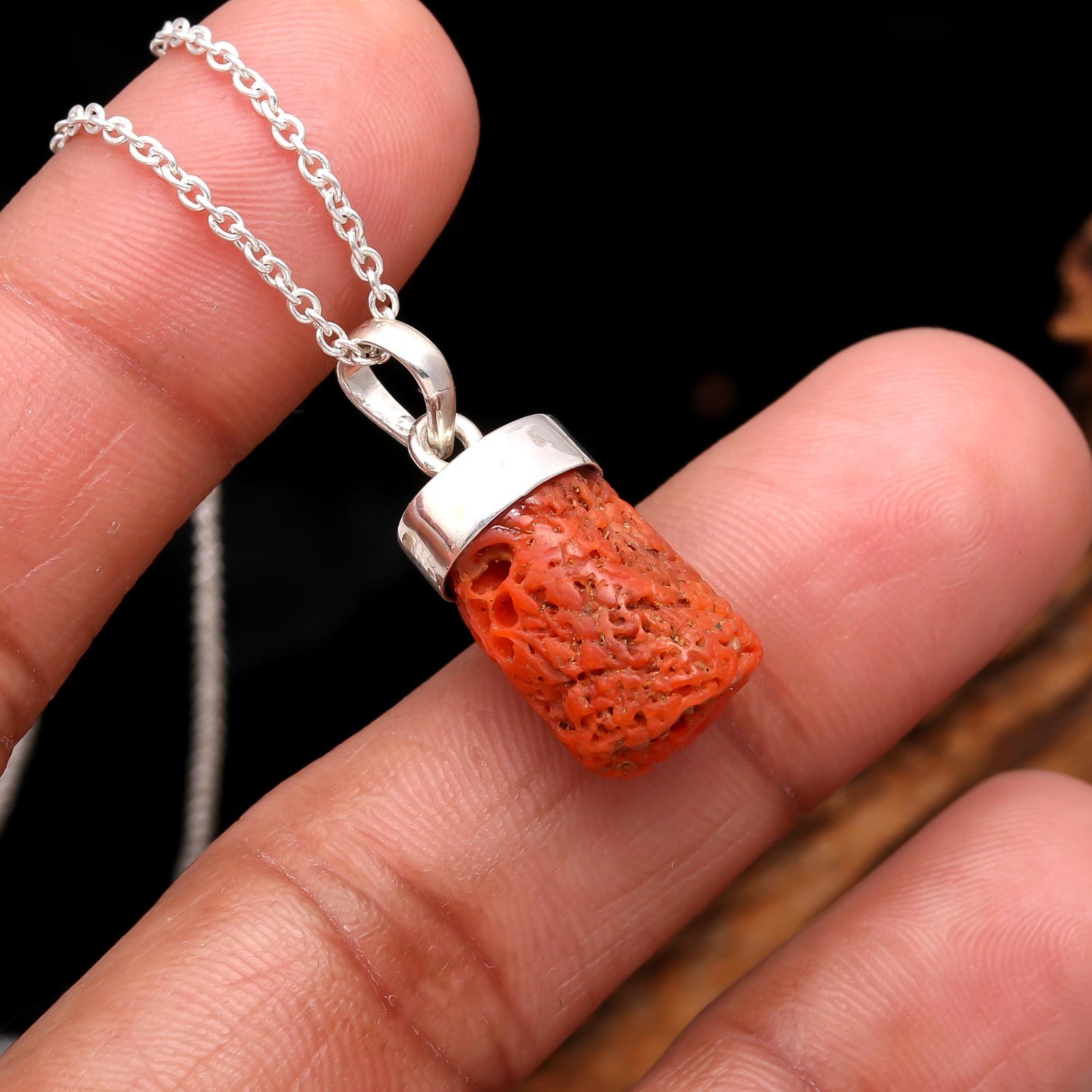 Natural Italian Red Coral Rough Chain Pendant 925 Sterling Silver Unique Jewelry