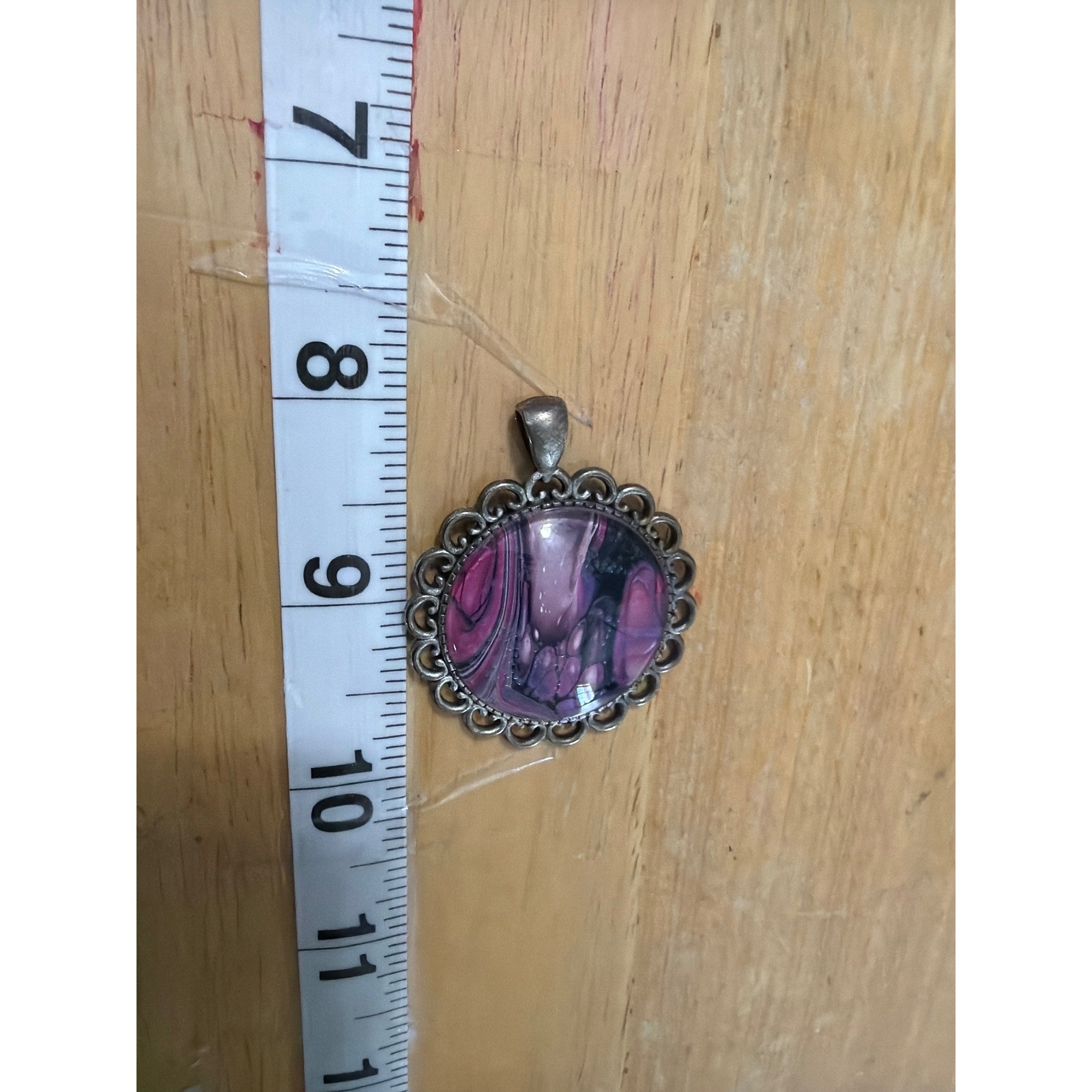 Purple Marbled Acrylic Pour Round Pendant Scalloped Silver Tone Ornate Frame