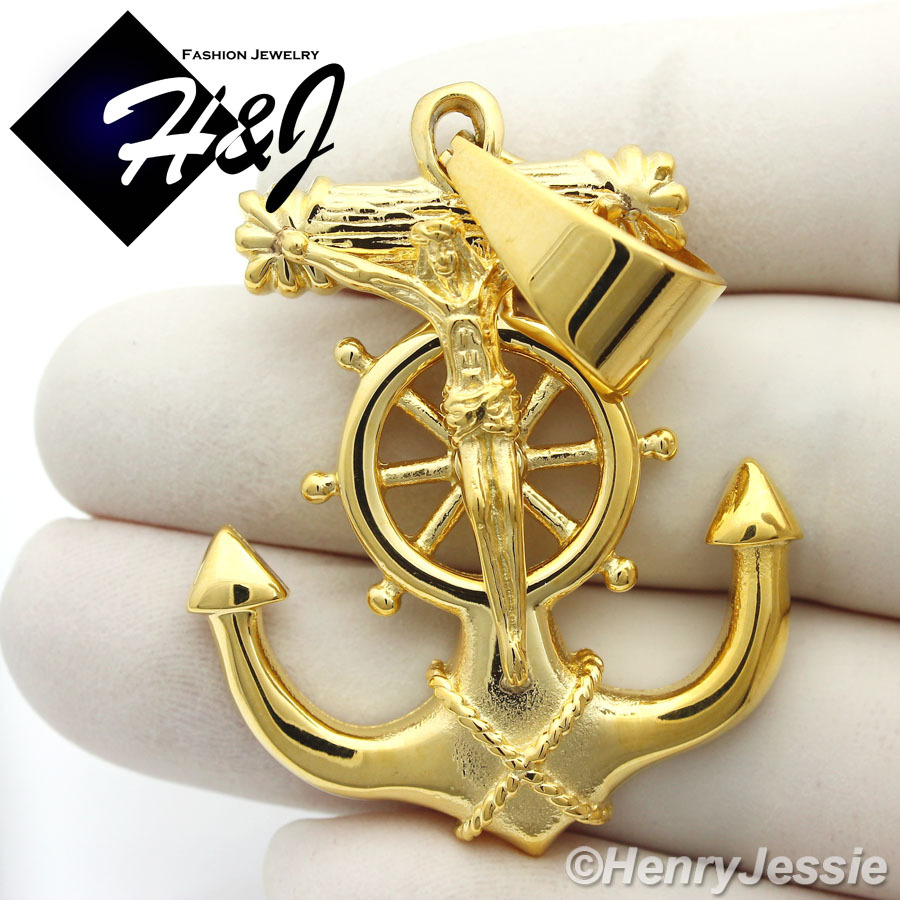 18-40″Stainless Steel 8mm Gold Plated Interlock Chain Anchor Cross Pendant*P58