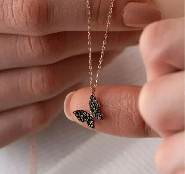 1.60 CT Round Cut Simulated Black Diamond Butterfly Pendant 14K Rose Gold Plated