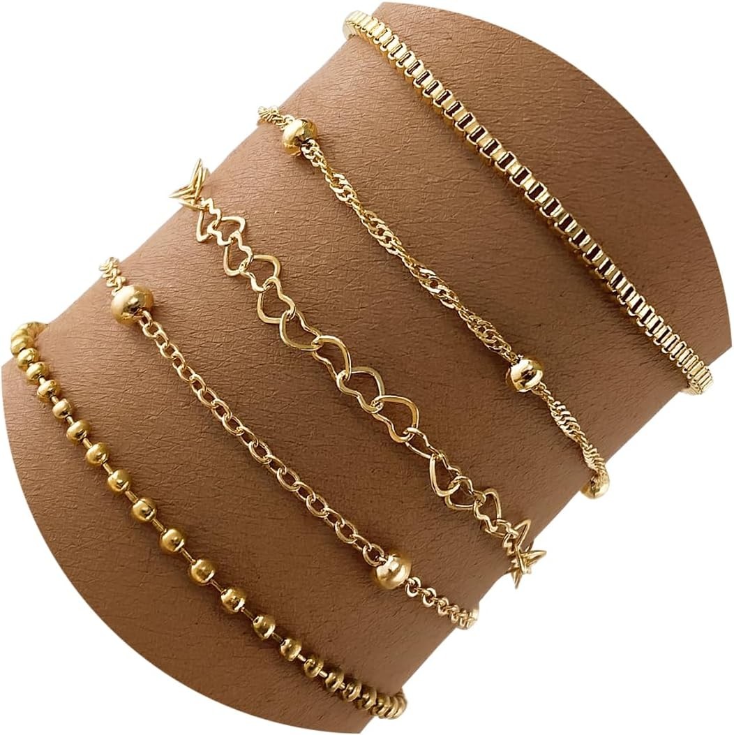 14K Gold Plated Multi Layer Link Chain Bracelet Set Non Tarnish Women Gift
