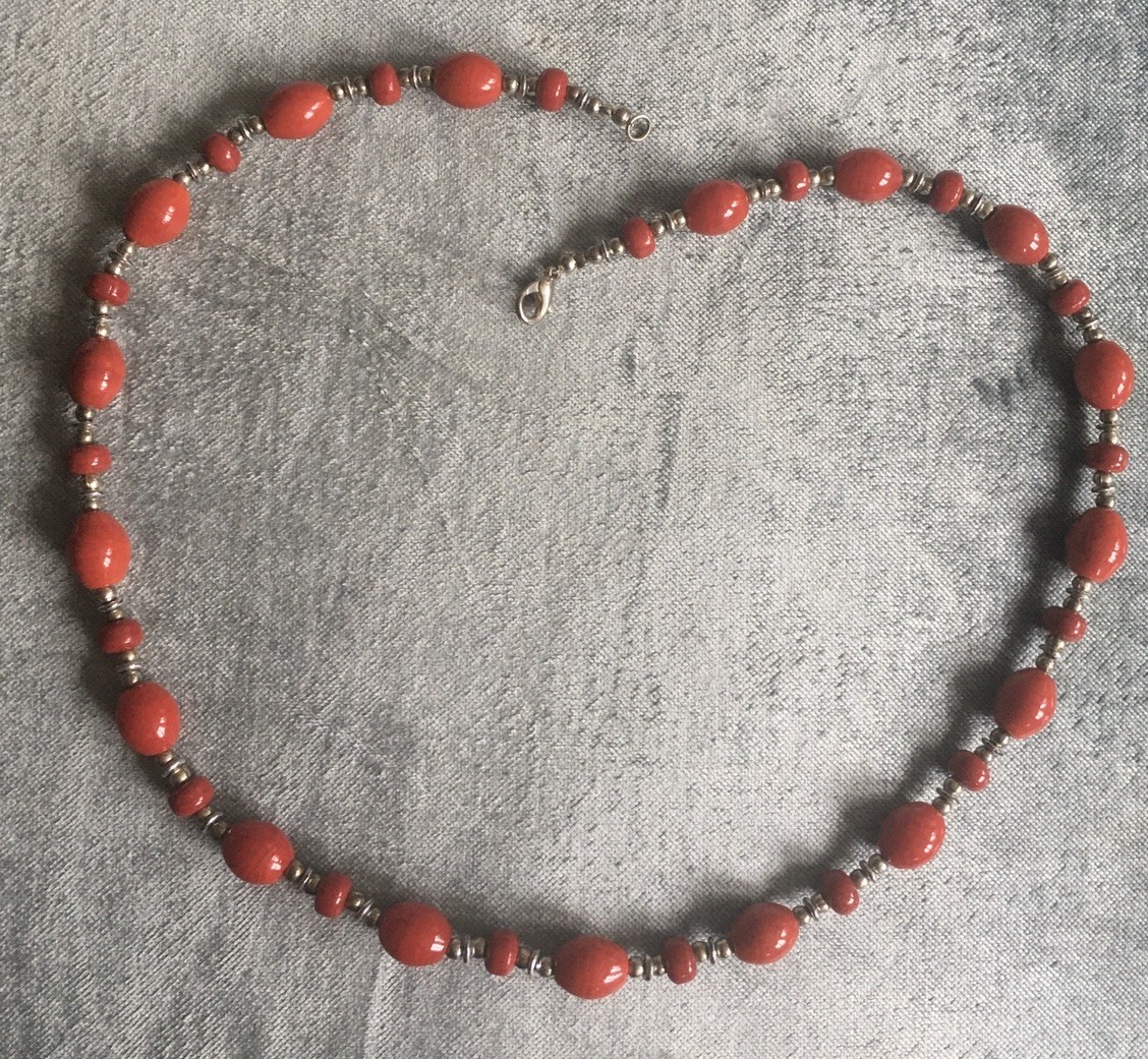 Red & Silver Bead Bohemian Necklace Length 20 Inches/51 cm