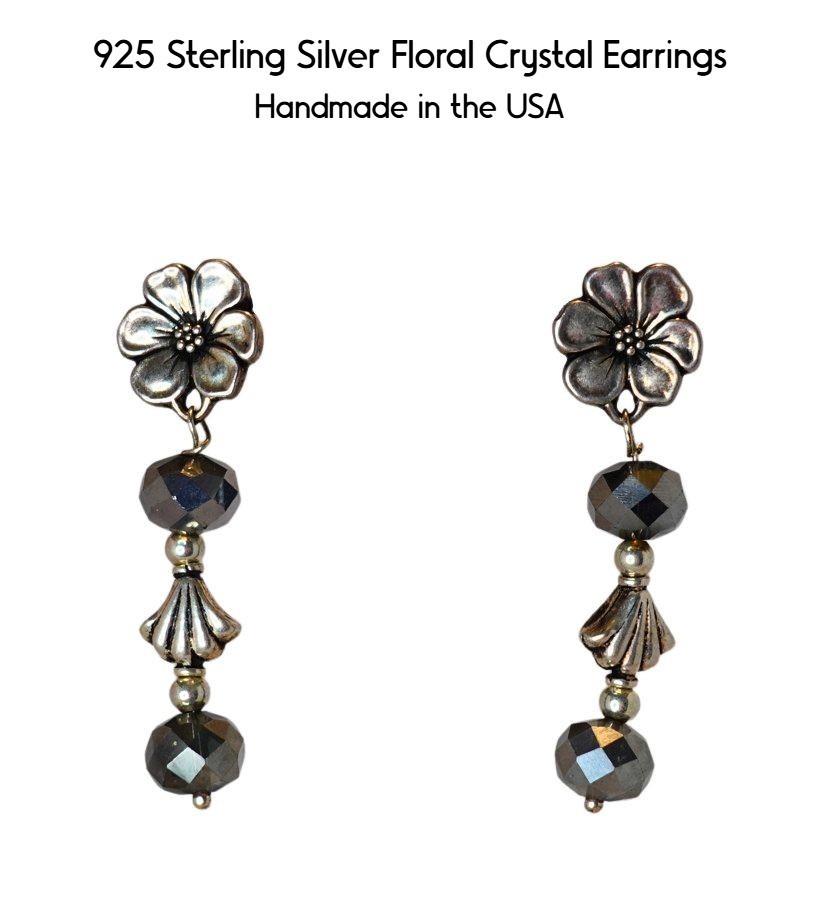 Artisan Sterling Silver Flower Earrings 925 Crystal Dangle Floral Post Vintage