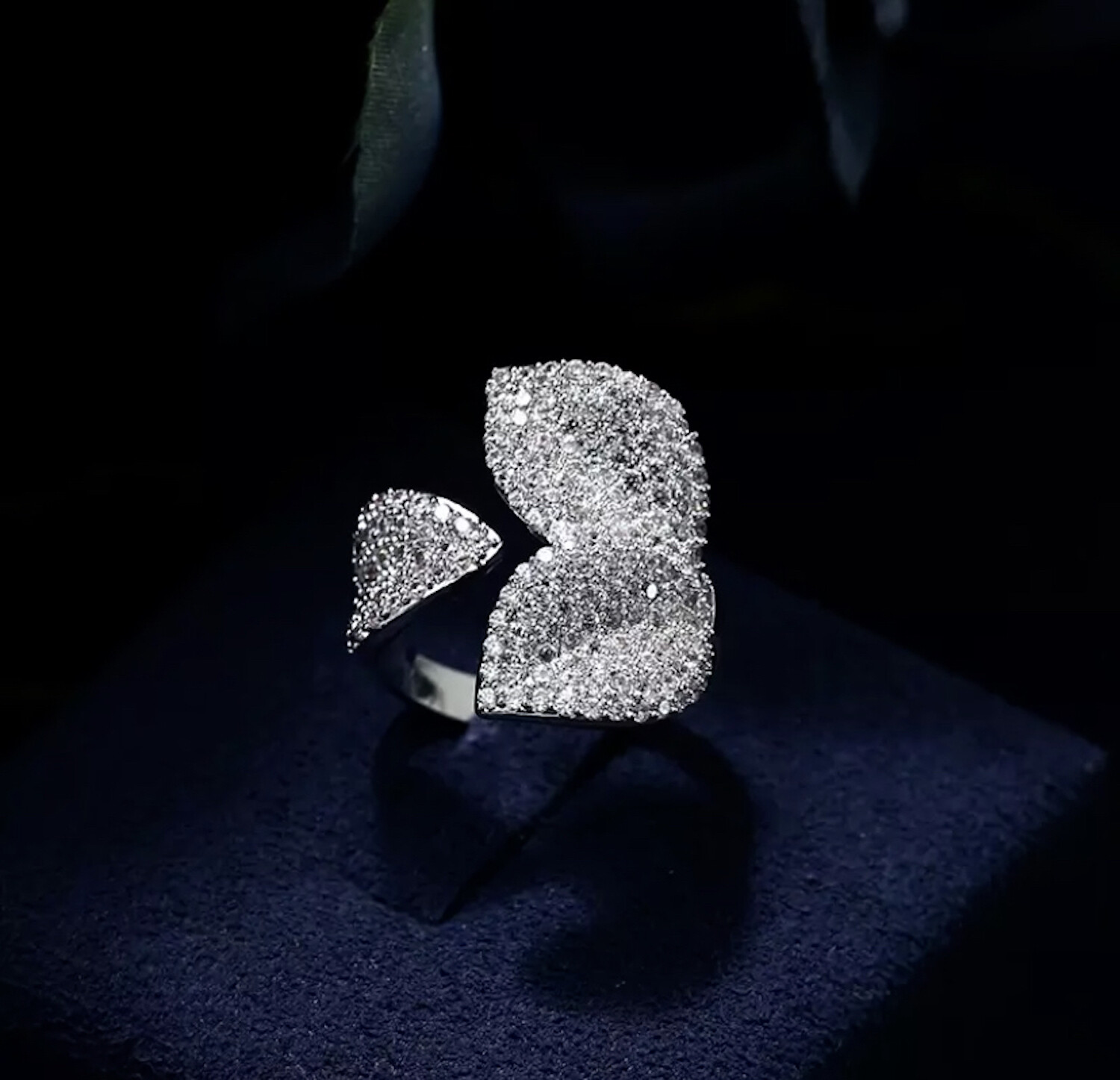 18k White Gold Plated Leaf Adjustable Ring made w Swarovski Crystal Stone
