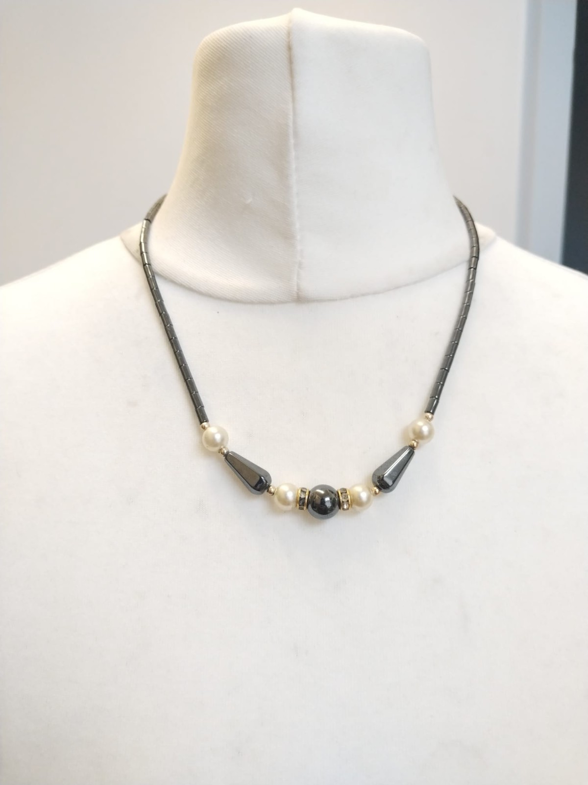 Dark Grey Magnetic Hematite Mixed Shapes Faux Pearl, Rhinestone Beaded Necklace