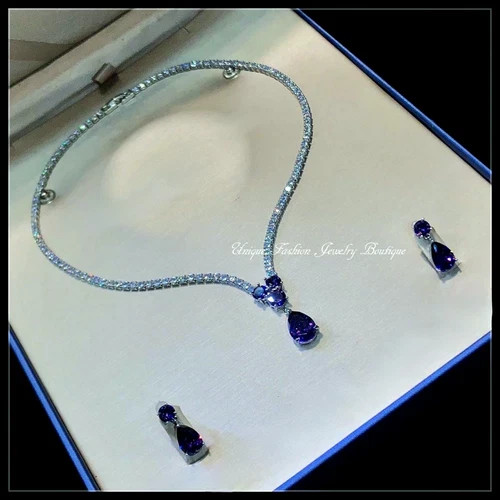 18k White Gold Filled Purple Amethyst Tennis Necklace Earrings Set Elegant Gift