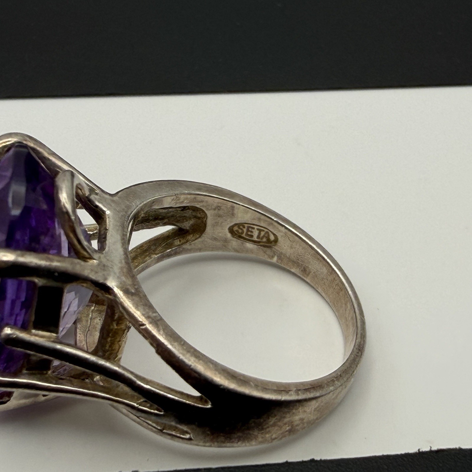 Vtg SETA Sterling Silver Approx 10ct 18x13x7mm Purple Amethyst Size 7 Ring 7.6g