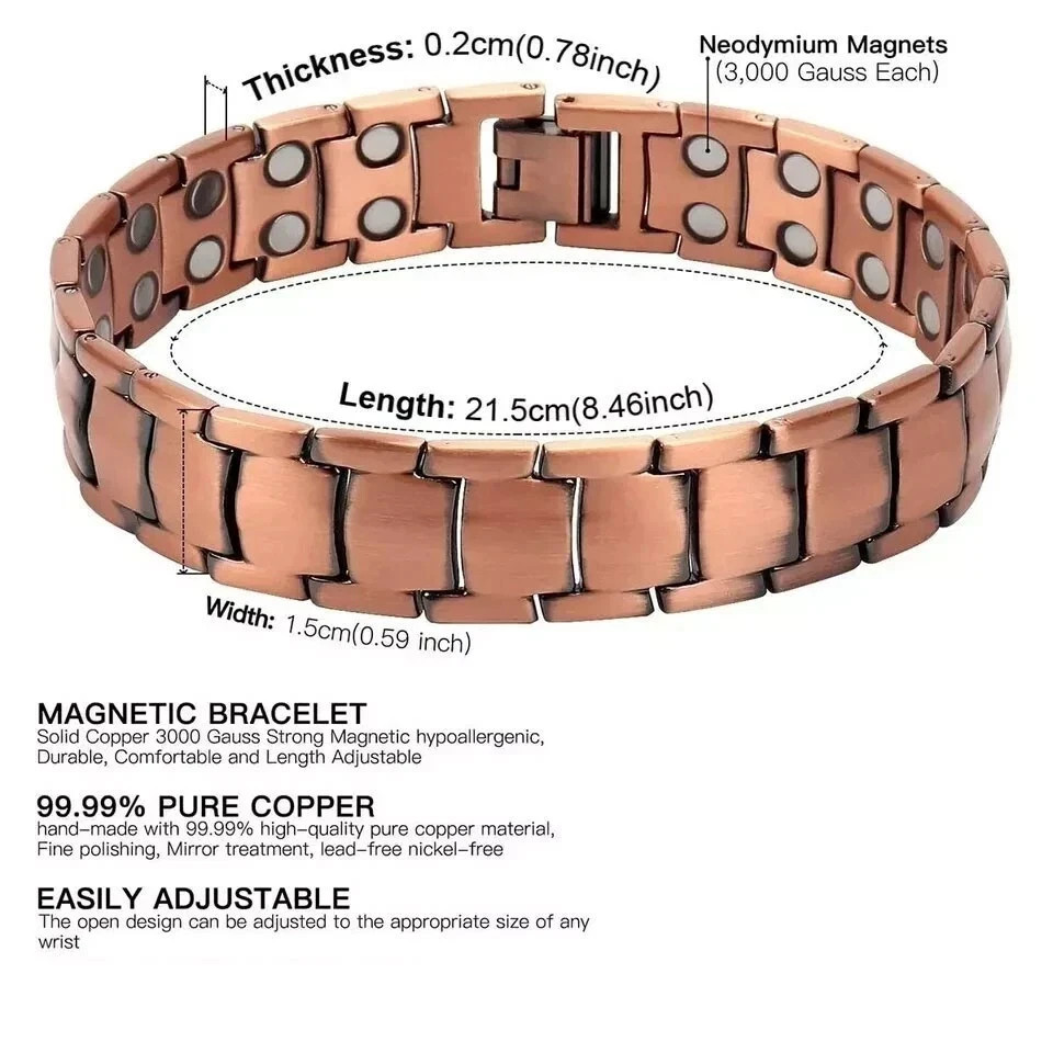 Men’s Bracelet Magnetic Therapy Arthritis Pain Relief Pure Solid Copper Bangle