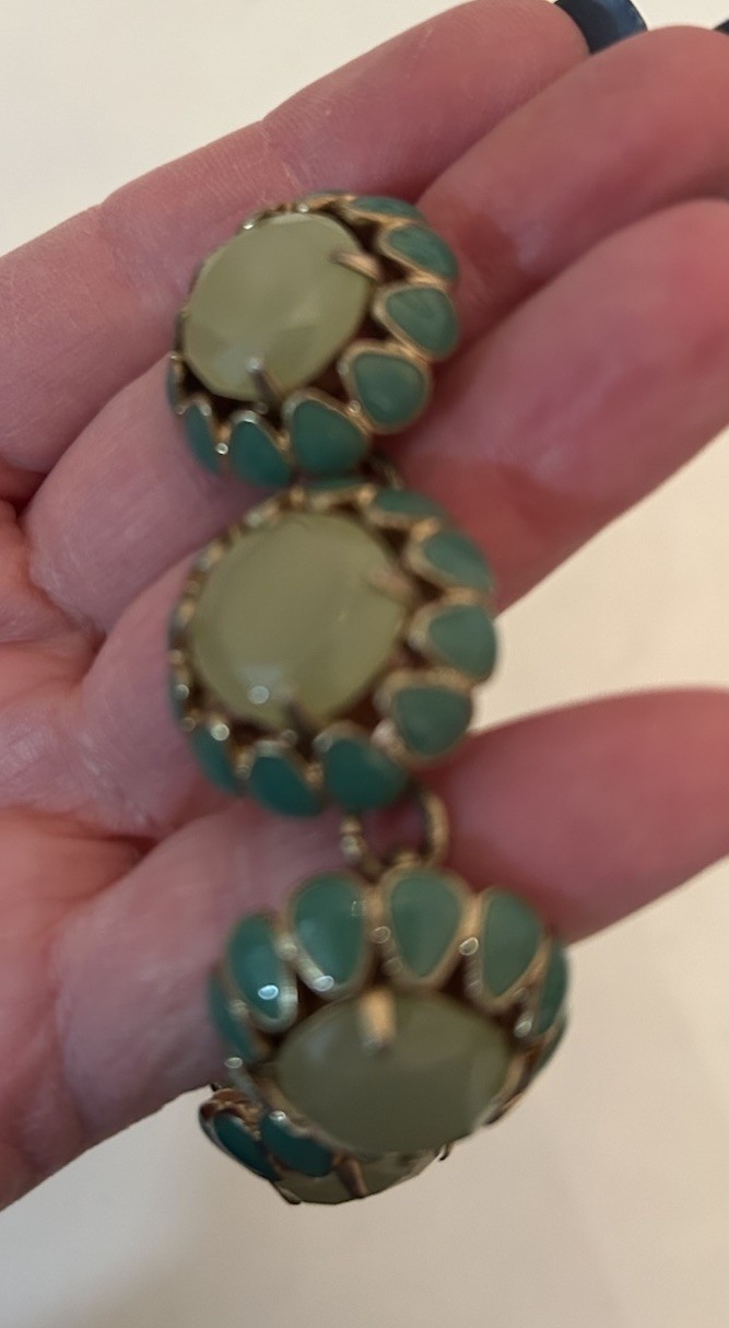 J Crew Scalloped Cupcake Necklace Green Stones & Enamel Gold Toned Metal
