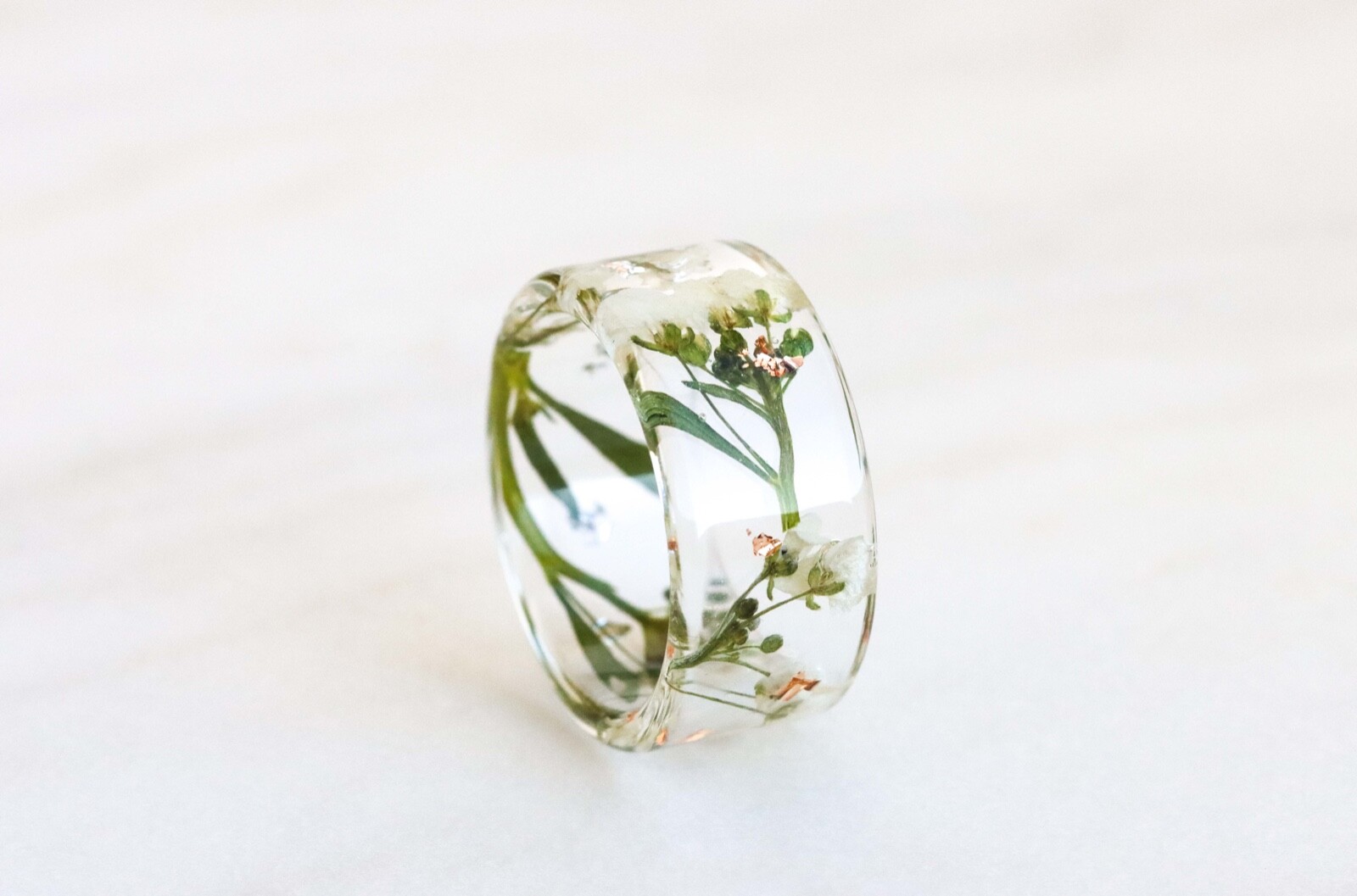 Wide Ring with Pressed Real White Alyssum Flowers and Gold Flakes, Resin Ring