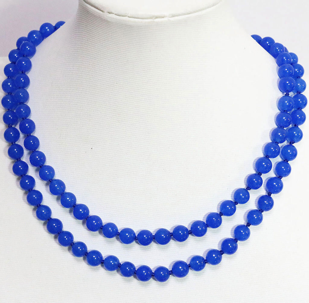 18″ – 48″ 6mm 8mm 10mm Blue Sapphire Gemstones Smooth Round Beads Knot Necklace