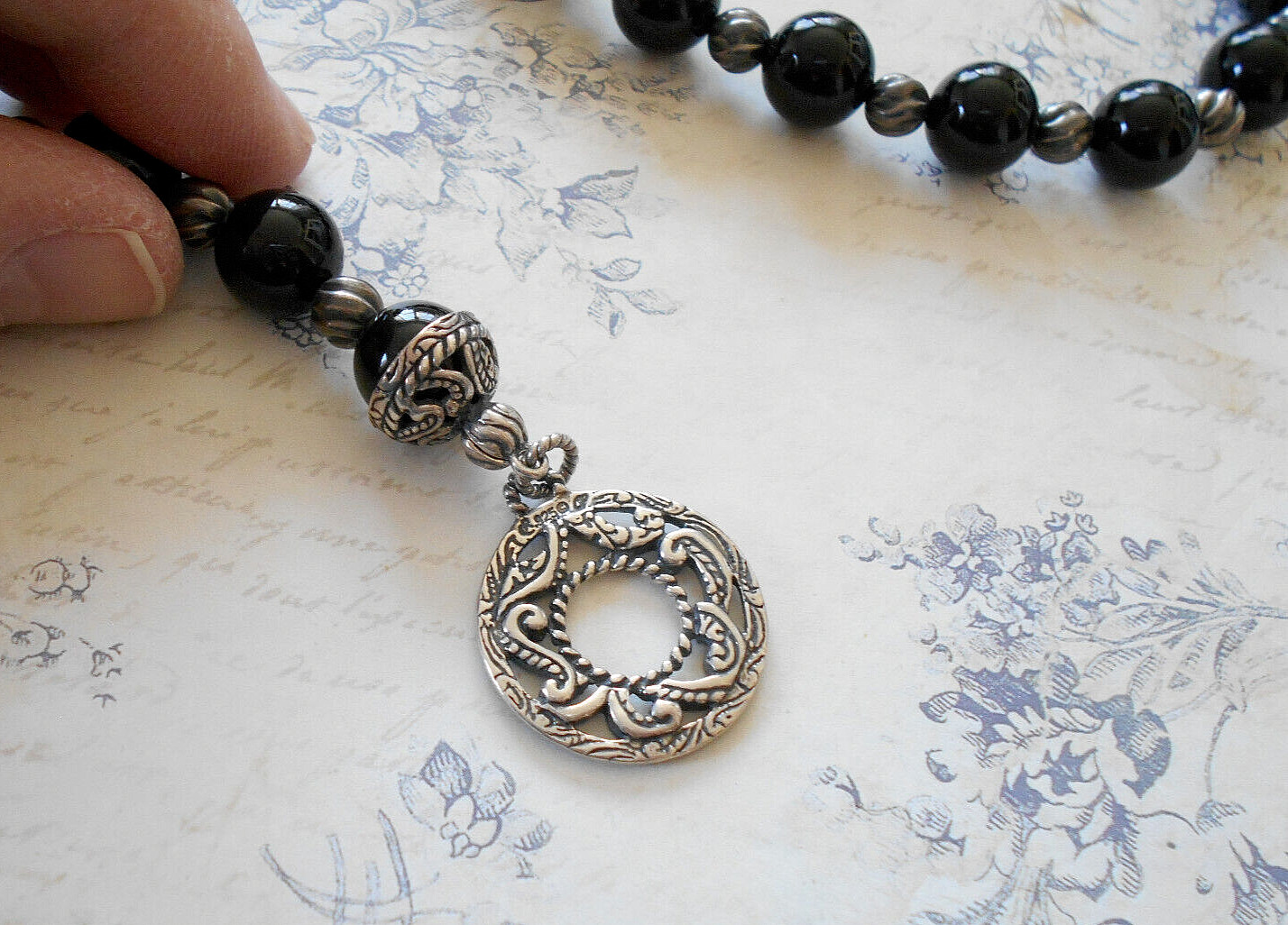 Carolyn Pollack Sterling 10.2 mm Black Onyx Beaded Necklace Toggle Clasp 49B83