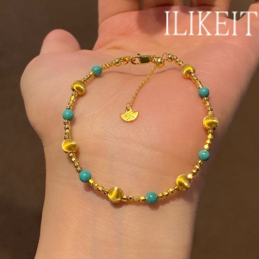 S925 Silver Gold Plated Natural Turquoise Cat Eye Bead Bracelet
