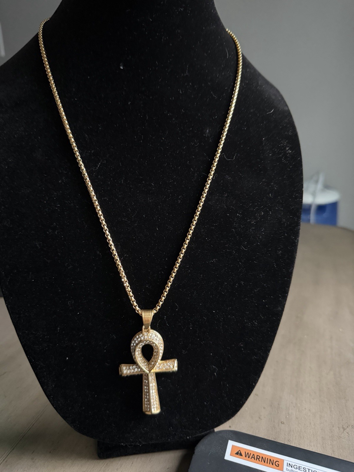Stainless Steel Brass Rhinestone Egyption Pendant & Necklace 28”