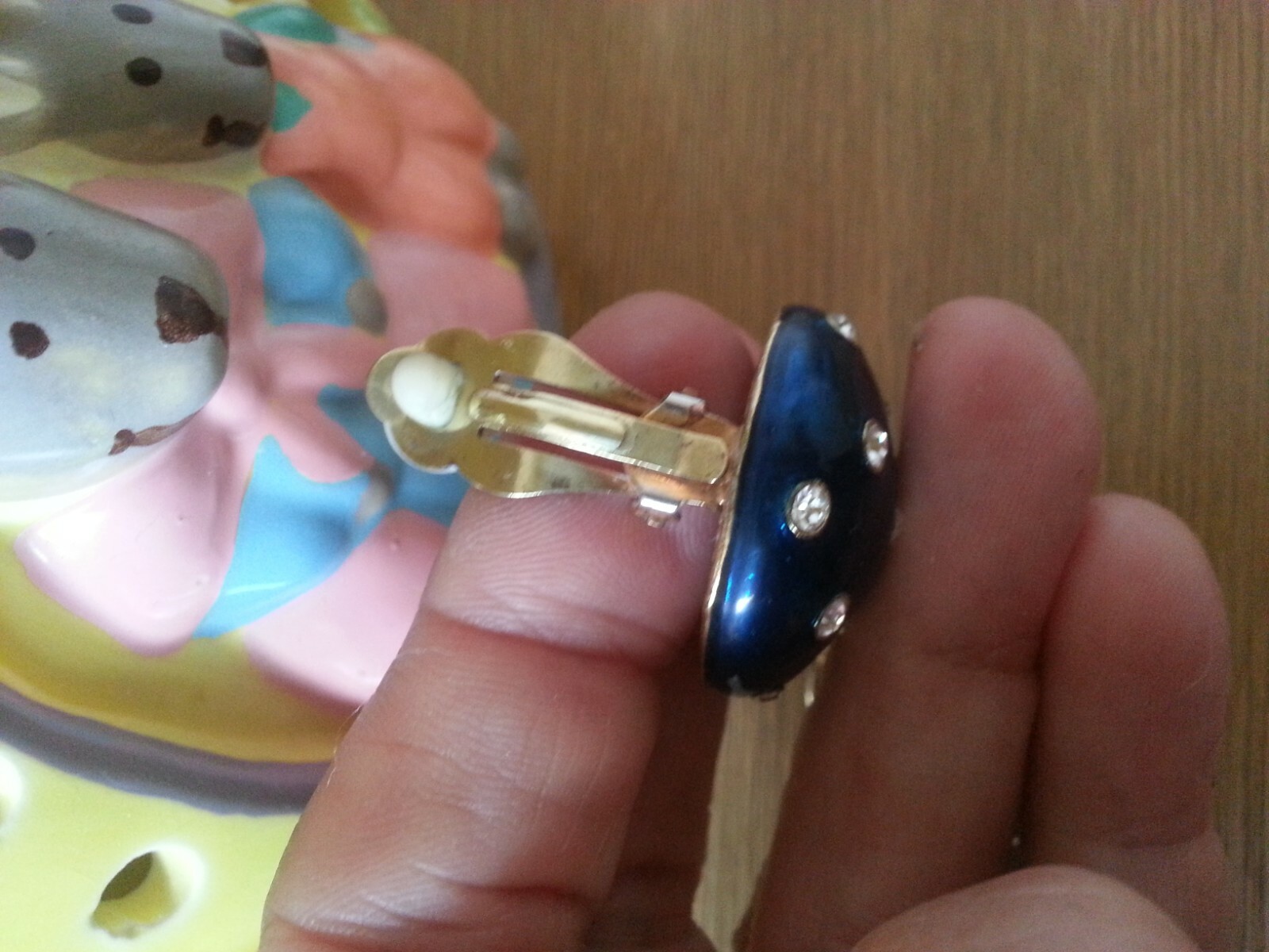 “Ciro” Dome Shape Navy Enamel Set With Crystals Gold Plated Clip Earrings