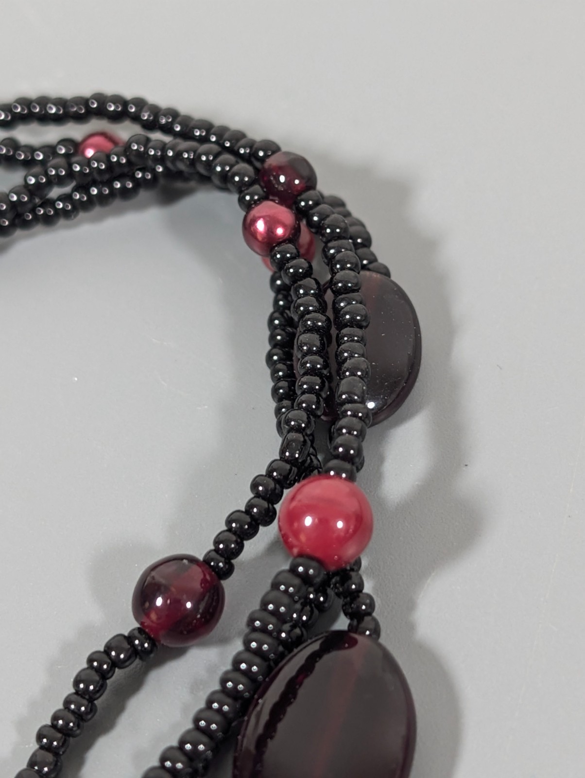 Deep Red and Black Bead Multi Strand Necklace Layered Gothic 18″