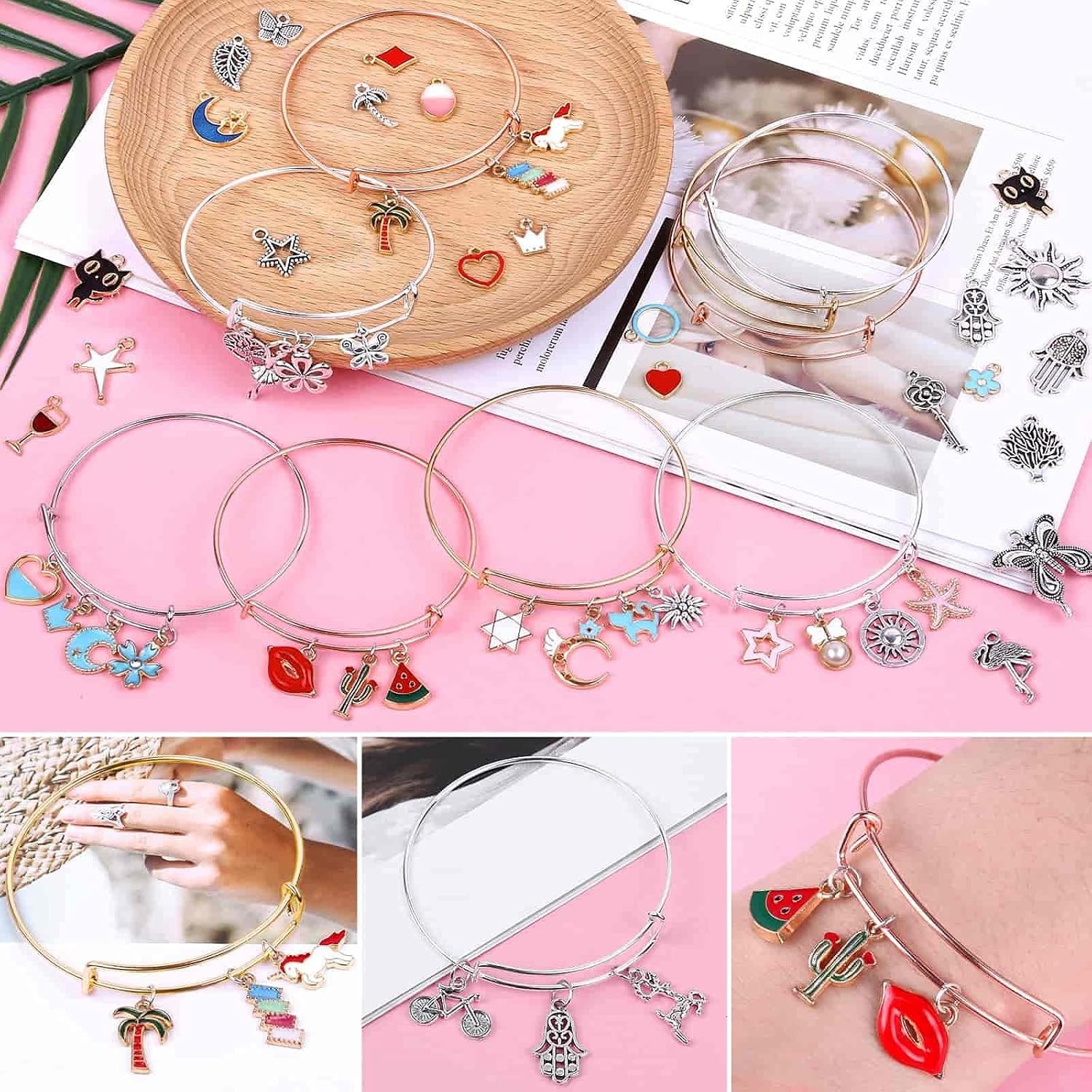 300Pcs Charm Bangle Bracelets Making Kit with Expandable Bangles, Charms, Jum…
