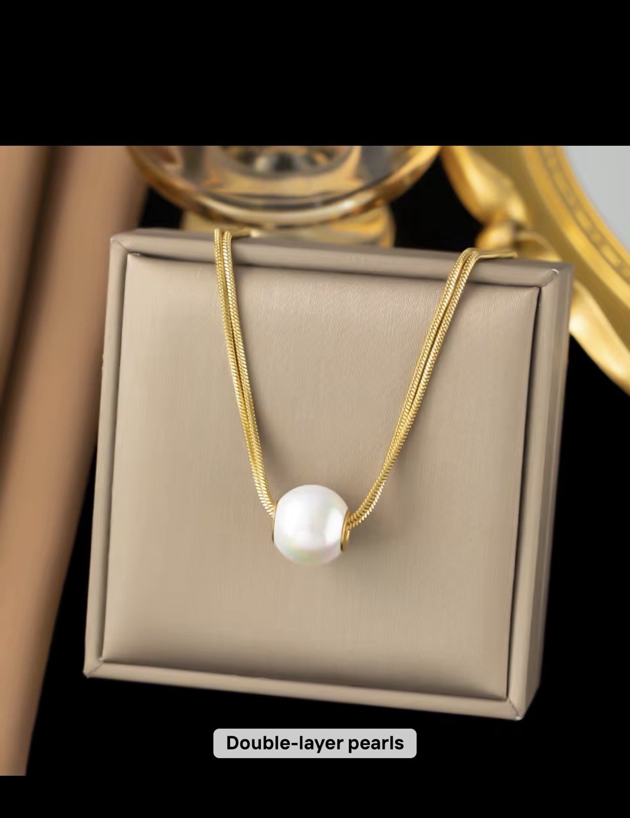 Gold Tone Double Layer Snake Chain Necklace, White Round Pearl Charm Pendant