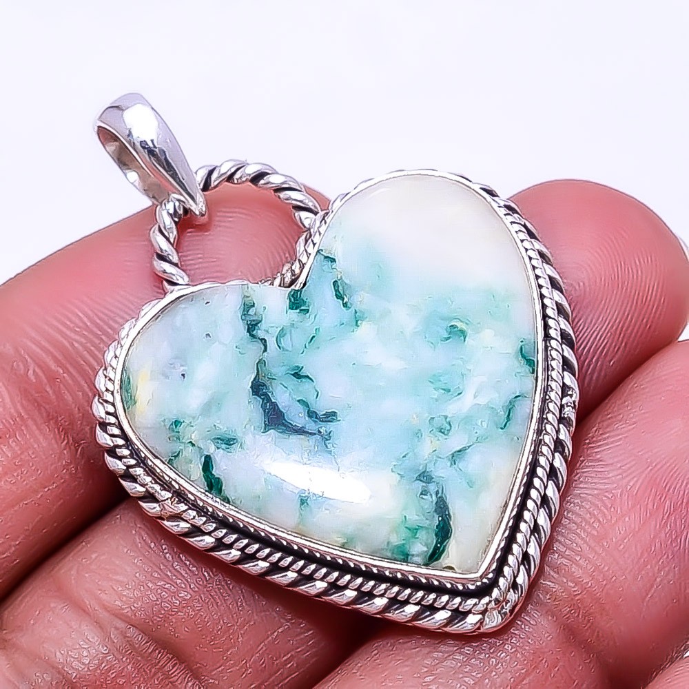 Heart – Tree Agate – Australia Handmade 925 Sterling Silver Pendant 1.76″ P73986