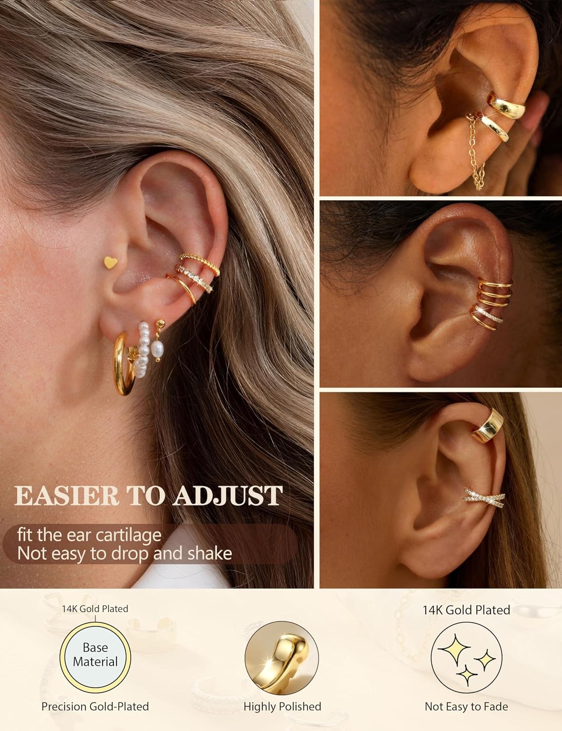 12Pcs Ear Cuffs Non Piercing – 14K Gold Plated Ear Cuff Earrings for Women Adjus