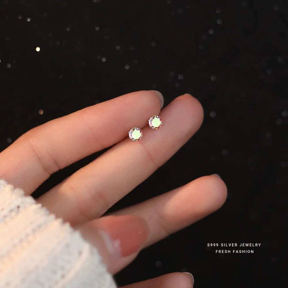 S925 Sterling Silver AB Crystal Round Stud Earrings Tiny Women Girls Jewellery