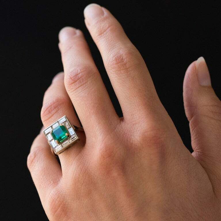 Claw Set Square 1.62CT Emerald Surrounded By Ten Baguette Cut 1.96CT CZ Ring