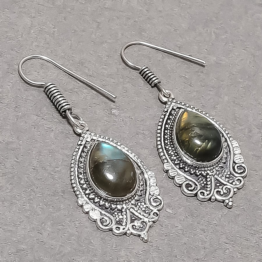 Blue Fire Labradorite Pear Shape Gemstone Handmade Jewelry Earrings 2.1″ SR 5508