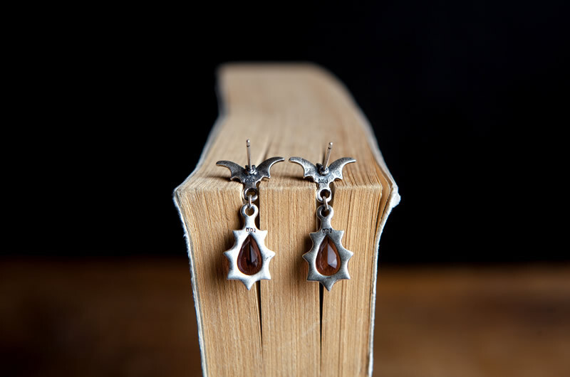 925 Sterling Silver Bat Wing Crystal Drop Earrings Victorian Gothic Dark Romance