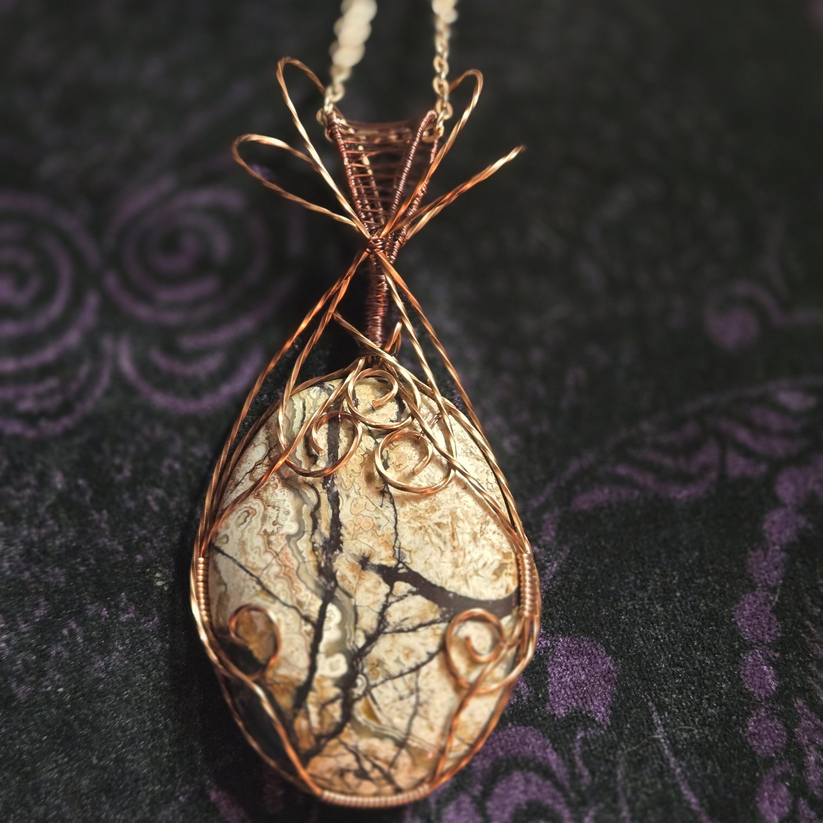 Crazy Lace Antique Copper Wire Wrapped Pendant. An Agate Stream And Trees. Idaho