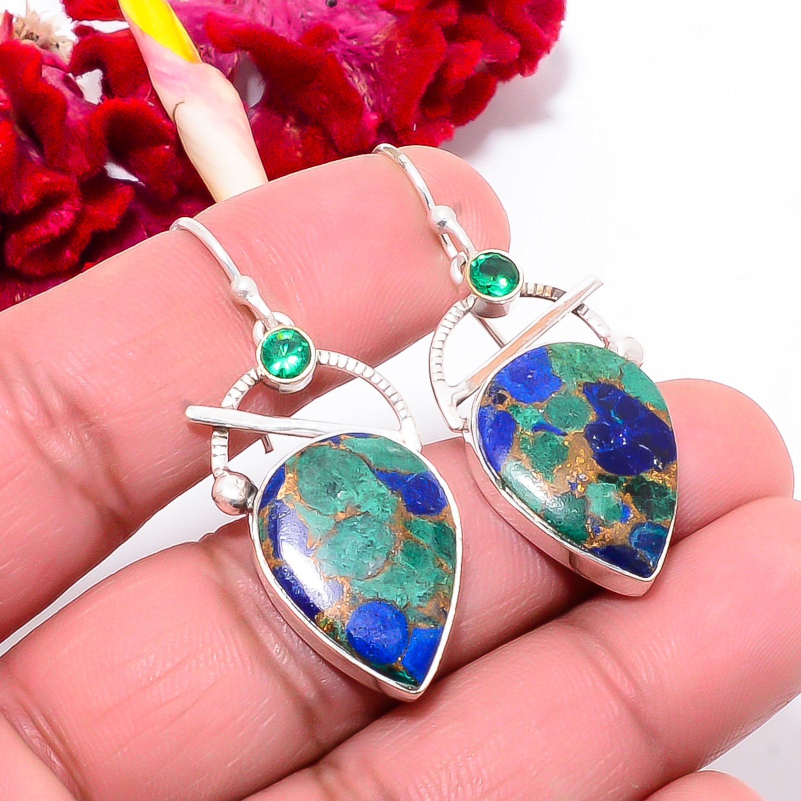 Copper Azurite Chrysocolla & Tsavorite 925 Sterling Silver Earring 1.79″ Sku13