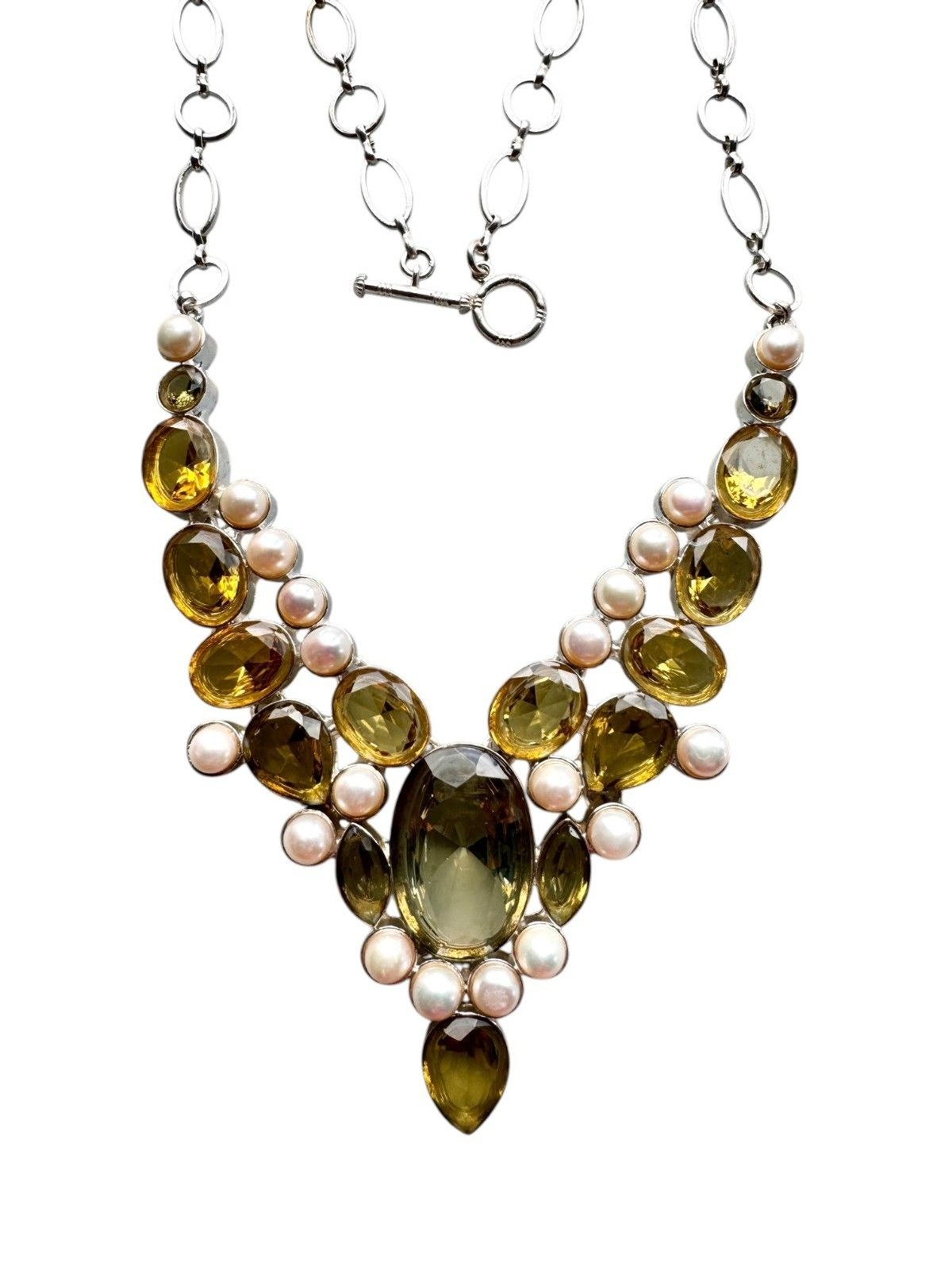 Unique Royal Yellow and Green Silver Plated Statement Necklace #7079